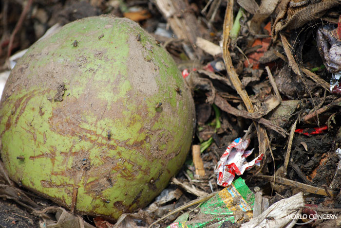 A fly-covered melon is one of the treats to be found in a Bangladesh dump frequented by hungry children.