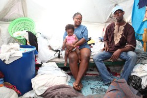 A Haitian family's bed in their tent.